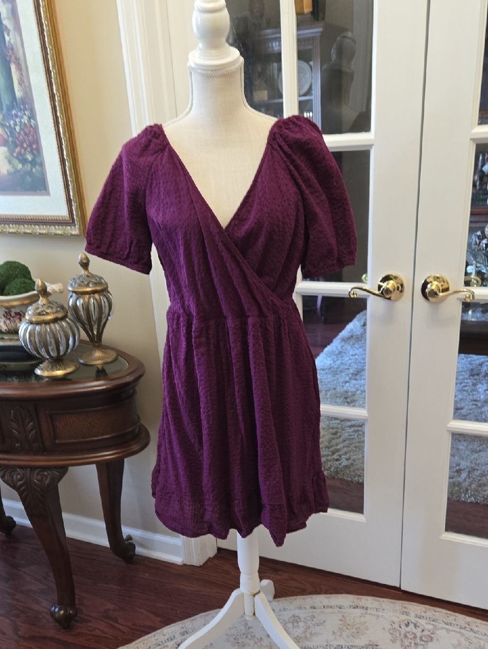 LOFT Deep Plum Mini Dress Cross Over Vneck Short Gathered Sleeves & Waist 10 EUC